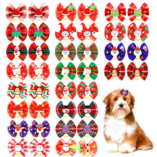 Petbuy 40PCS Christmas Dog Bows Cute Puppy Dog Small Bowknot Hair Bows with Rubber Bands Small Dog Hair Bowknot Pet Hair Accessories Pet Grooming Accessories for Party (Christmas Theme)