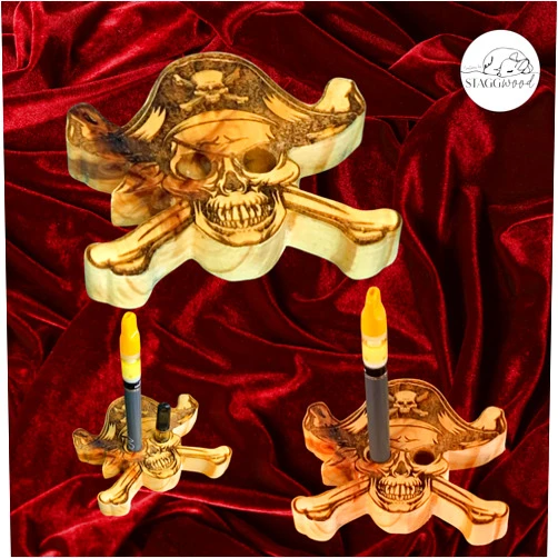 Staggwood Vape Pen Holder - Pirate Skull & Bones - Solid Wood, 3/4 inch deep, approx 3 x 4 inches, Holds 5/10 Thread Vape Pens &/or Cartridge