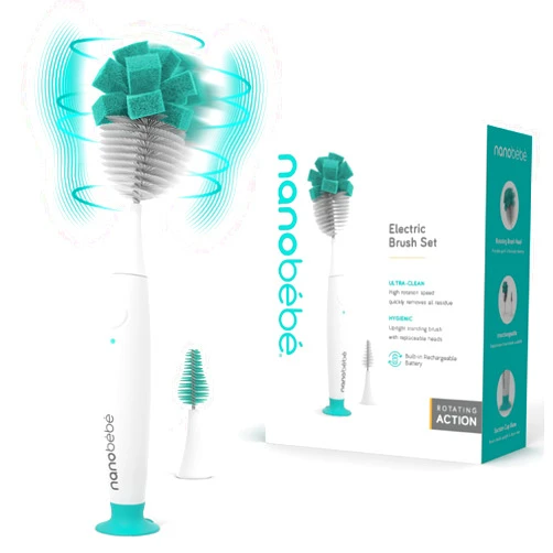 NANOBÉBÉ Nanobebe E-Brush Baby Bottle Cleaner - Electric Bottle Cleaning Brush, Baby Accessories, and Sippy Cups - Rechargeable, Includes Replaceable Brush Head