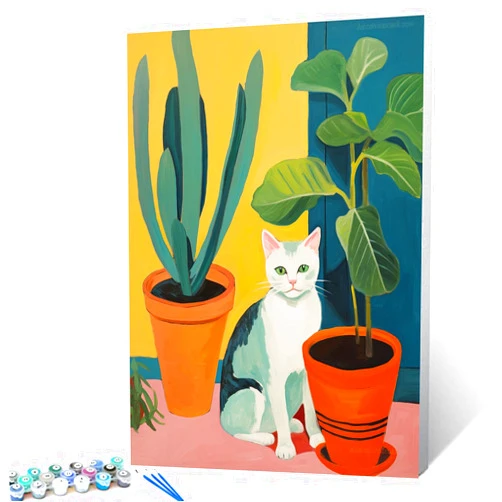 Tucocoo Cute Cat Paint by Numbers Kits 16x20 inch Canvas DIY Oil Painting for Adults with Brushes and Acrylic Pigment, Animal with Potted Plant Colorful Pictures for Home Decor Gifts (Without Frame)