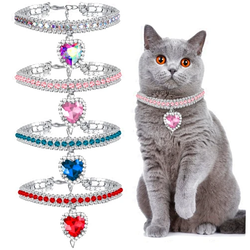 Sanwuta 4 Pieces Rhinestone Cat Collar Heart Bling Breakaway Cat Collar Adjustable Small Dog Accessories Soft Velvet Kitten Decor with Rhinestone Love Heart for Pet Party Dress Decor (7.9-9.8 Inch)