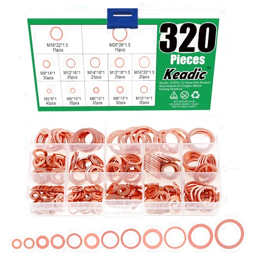 Keadic 320Pcs 12 Sizes Copper Washers Kit, Copper Crush Sealing Washers Assortment Kit Metric Sealing Washers Flat Washers Flat Ring Oil Drain Plug Crush Washer Gasket for Automotive