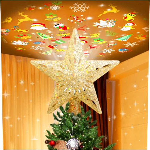 PliMook LED Rotating Tree Topper Light Projector with 6 Slide Designs - Christmas Star Topper for Holiday Decorations (Gold)