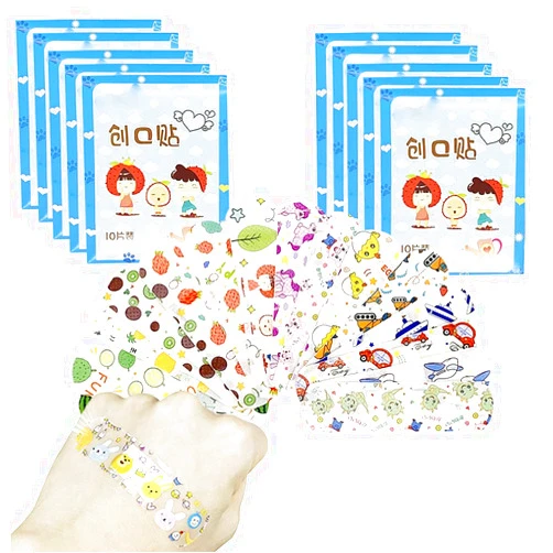 Ohsail 100PCS Transparent Cartoon Bandages 10 Different Patterns Fabric Adhesive Bandages Breathable First Aid Emergency Kit for Kids Blue Cartoon Package