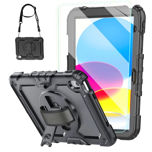 BLOSOMEET New iPad 10th Generation Case 2022 10.9 Inch with Tempered Glass Screen Protector & Pencil Holder |Blosomeet Rugged Protective Kids 10th Gen iPad Cover with Stand Hand Shoulder Strap |Black