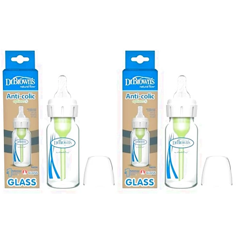 Dr. Brown's Natural Flow Anti-Colic Options+ Narrow Glass Baby Bottle, 4 oz/120 mL, with Level 1 Slow Flow Nipple, 2 Pack, 0m+