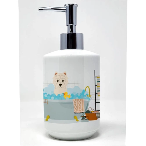 Caroline's Treasures WDK5739SOAP Westie in Bathtub Ceramic Soap Dispenser Hand Soap Dispenser Pump Bottles for Bathroom Kitchen, Empty Refillable Liquid Soap Container
