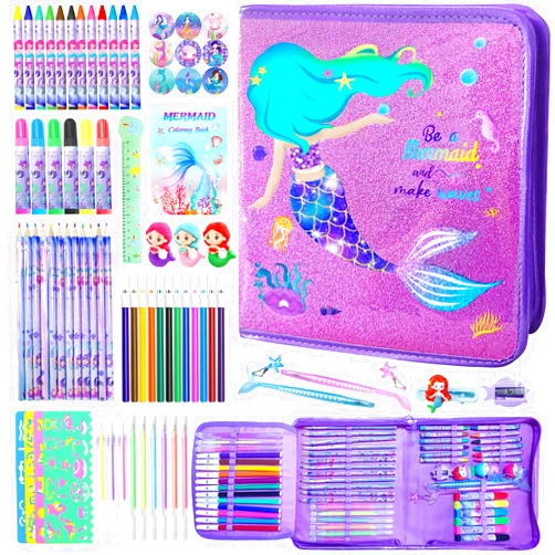 CORALMEE Mermaid Markers Set for Kids, 66 Pcs Drawing Art Supplies with Pencil Case, Markers, Crayons, Gel Pens, Stencils, Ruler, Birthday Gifts for Girls 4-9 Years Old, Ideal for Creative Fun