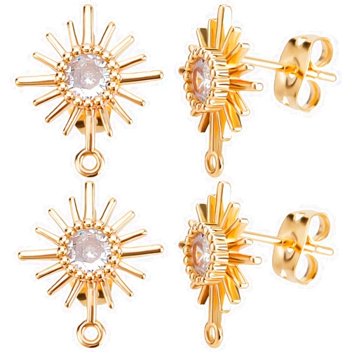 Beebeecraft 10Pcs/Box 18K Gold Plated Sun Earring Findings Cubic Zirconia Earring Posts with Sterling Silver Pins and Butterfly Earring Backs for DIY Jewelry Making