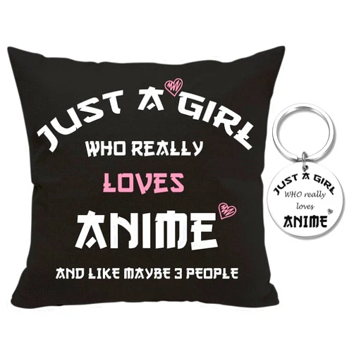 AcowSpt Anime Lover Gifts for Girls Anime Two Sided Printing Pillow Cover + Anime Keychain Just A Girl Who Really Loves Anime, Anime Lover Gift Japan Anime Fans Gift Throw Pillow, 18