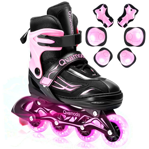 Qvamodo Adjustable Inline Skates for Women Men Girls Boys with Fun Lighting Wheels& Protective Gears, Safe Roller Skates for Beginners Kids Teens Youth Adult