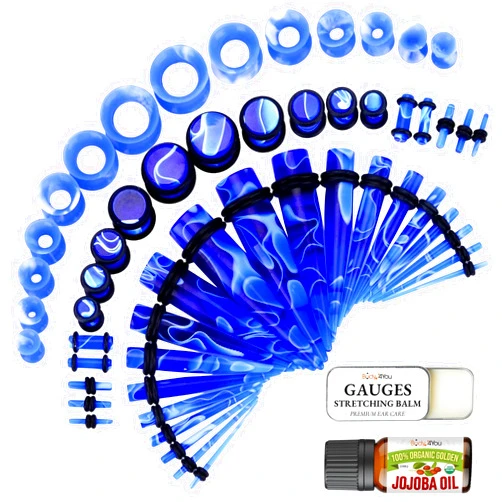BodyJ4You 48PC Ear Stretching Kit 14G-00G - Aftercare Jojoba Oil Balm Wax - Marble Blue Acrylic Plugs Gauge Tapers Silicone Tunnels - Lightweight Expanders Men Women