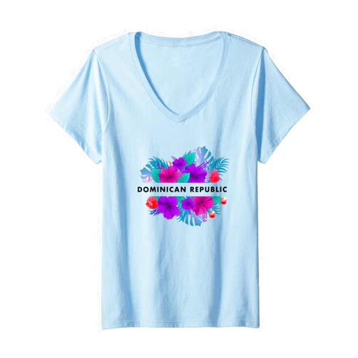 Family Heritage Gifts Womens Flowers of Dominican Republic Black Text Vintage Boho V-Neck T-Shirt
