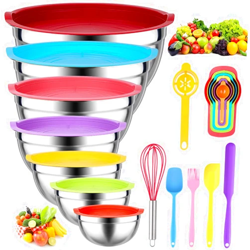 Leidawn Mixing Bowls with Lids for Kitchen - 26 PCS Stainless Steel Nesting Colorful Mixing Bowls Set for Baking,Mixing,Serving & Prepping,Size 5, 3.7, 2.8, 2.3, 1.7, 1.1, 0.7QT,12 Cooking Utensils