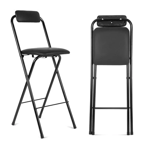 Thyle Folding Bar Stool with Backrest, Leather Padded Counter Height Foldable Stool, Portable Folding Stool Tall Bar Stools for Outdoor Camping Kitchen Shop Cafe, Black (1 Pcs, 25.5 Inch)