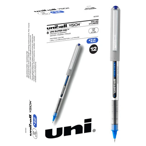 Uni-ball® Vision™ Rollerball Pens, Fine Point, 0.7 mm, Gray Barrel, Blue Ink, Pack Of 12