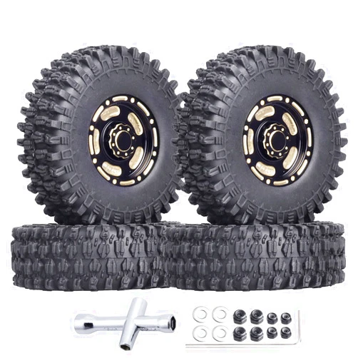 HobbyPark Brass 1.0 Beadlock Wheels & Tires for 1/18 TRX4M Upgrades Parts 1/18 SCX24 1/24 RC Crawler Replacement, Set of 4 (Type A)