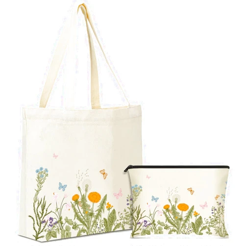 Sadnyy 2 Pcs Wildflower Canvas Tote Bags for Women Cute Aesthetic Floral Makeup Bags Easter Gift for Teacher Coworker Travel Work