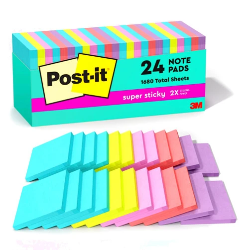 Post-it Super Sticky Notes, 3x3 in, 24 Pads, 2x the Sticking Power, Supernova Neons, Bright Colors, Recyclable
