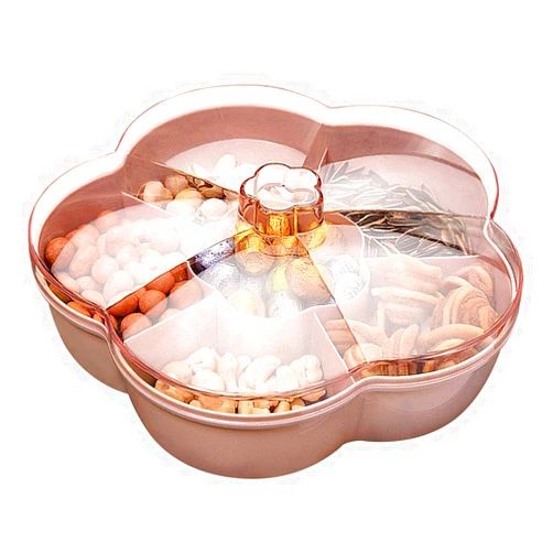 Lintat Snack Serving Tray, Flower Shape Storage Box with 6 Compartments for Nuts, Sweets, Dried Fruits, Food Container with Lid for Home Party Wedding Decoration, 25 * 25 * 6.3cm, Pink