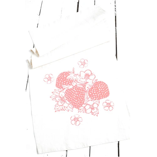 Handmade Strawberry Tea Towel, Organic Cotton, Pink Berries, Fruit Dishcloth, Farmer's Market, Hand Screen Printed, Flour Sack Dish Towel, Sweet Housewarming Gift, Natural