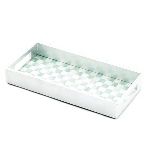 MACKENZIE-CHILDS Lacquer Vanity Tray with Handles, Rectangular Tray for Dresser and Home Decor, Gray-and-White Sterling Check