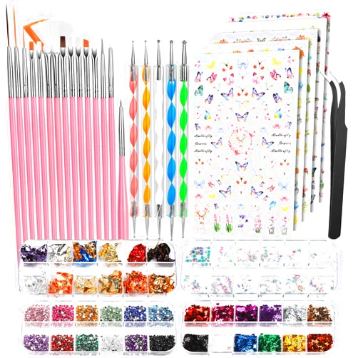 FANDAMEI Nail Art Brushes Set, Nail Art Kit, Nail Design Kit, Nail Art Dotting Pens, Nail Stickers, Butterfly Nail Art Sequins, Nail Foils, Nail Art Flakes Iridescent, Rhinestones For Nails