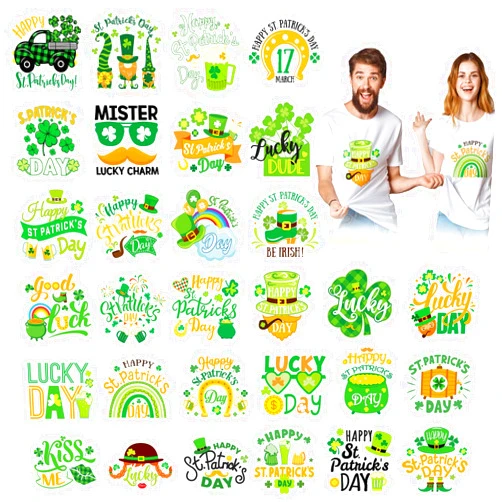 Ferraycle 30 Pcs 5 Sheets St. Patrick's Day Iron on Patches Stickers Shamrock Hat Gnome Patches DIY Clothes Heat Transfer Decals Green Iron on Transfers Decals for Couple T Shirt Pillow Cover Jacket