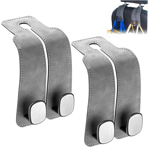 SLLAK Car Seat Back Storage Hook, 2-in-1 Car Seat Hooks for Headrest, 2 PCS Premium Leather Car Purse Hook, Suitable for Most Car Seats, Bags, Grocessories, Women, Men(Grey-2 Pack)