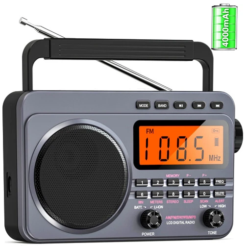 Sunoony 4000mAh NOAA Weather Alert Radio, Digital AM FM Rechargeable Radio with Best Reception, Portable Shortwave Radio with Digital Tunner, Big Speaker, LCD Screen, Support Micro SD Card/USB MP3 Player