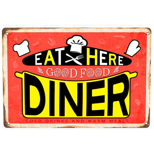 VLAKEIU Eat Here Goof Food Diner Tin Sign Metal for Kitchen Home Bar Pub Decor Tinplate Hanging Front Door Wall Funny Art Poster Decoration Vintage 8 X 12 Inches