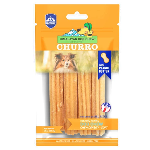 Himalayan Dog Chew Churro Yak Cheese Dog Chews, 100% Natural, Long Lasting, Gluten Free, Healthy & Safe Dog Treats, Lactose & Grain Free, Protein Rich, Real Peanut Butter Flavor, 4 Churros Per Pouch