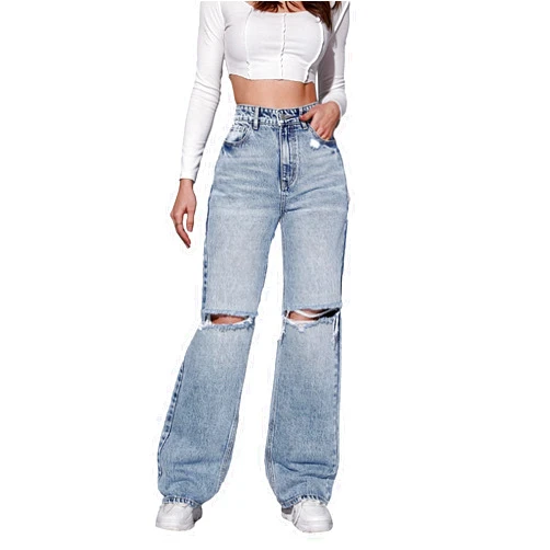 SweatyRocks Women's High Waist Ripped Straight Leg Jeans Boyfriend Style Distressed Denim Pants with Pocket
