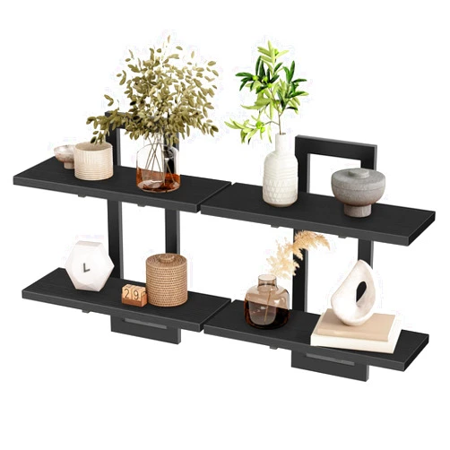 HOOBRO Floating Shelves, 15 Inch Wall Shelf Set of 2, Wall Mounted Storage Shelves 2-Tier, Hanging Bathroom Shelves, for Living Room, Bedroom, Bathroom, Kitchen, Black BK32BJ01