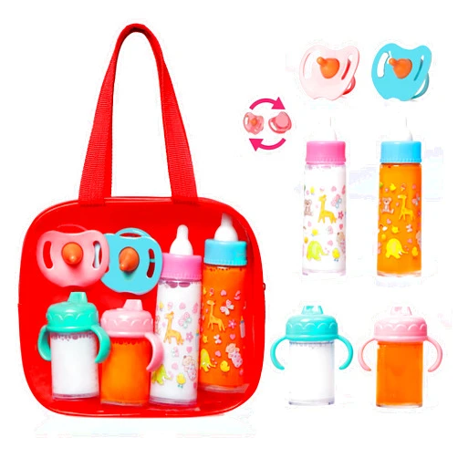 fash n kolor®, My Sweet Baby Disappearing Doll Feeding Set | Baby Care 6 Piece Doll Feeding Set for Toy Stroller | 2 Milk & Juice Bottles with 2 Toy Pacifier for Baby Doll,(Red)