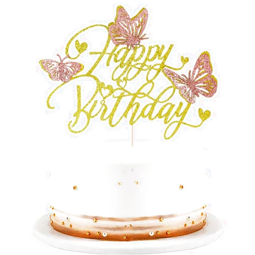 LVEUD gold Happy Birthday Cake Topper- 3d Handmade Butterfly Cake Decorations，Summer themed for Baby Shower, Boys Girls Kids Birthday Party Decoration Supplies