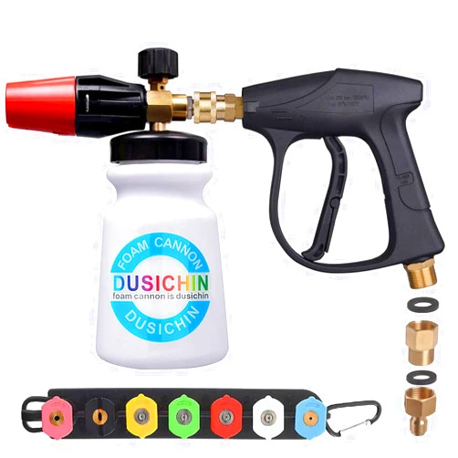 DUSICHIN Foam Cannon Spray Lance Thick Foam Dispenser Pressure Washer Sprayer Gun 3000 PSI Jet Wash Spray Nozzle Adjustabl Pattern Foam Maker 7 Nozzle Tips 2 Connectors M22-14,15 3/8
