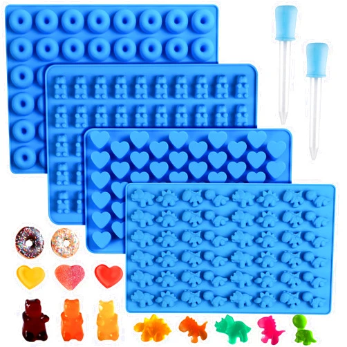 Sidosir 4Pcs Gummy Candy Molds, Gummy Bear Molds, Gummy Dinosaur Molds, Gummy Donut Molds and Gummy Hearts Molds, Non-stick Silicone Candy Molds with 2 Droppers (4Shapes)