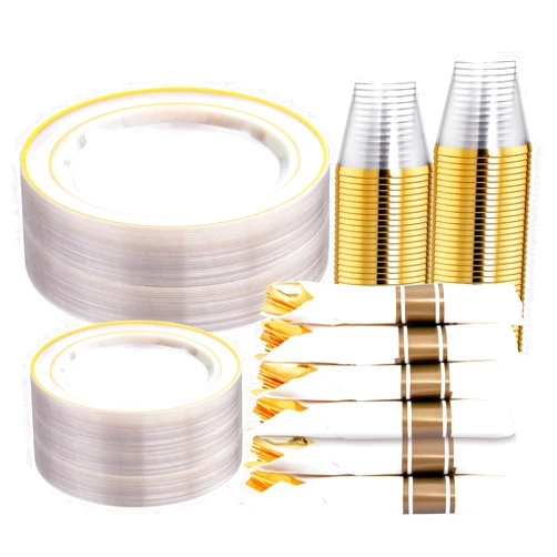 WELLIFE 210PCS Clear-Gold Plastic Plates - Dinnerware Sets for 30 Guests - 60 Disposable Plates, 90 Plastic Silverware, 30 Cups, 30 Napkins for Party