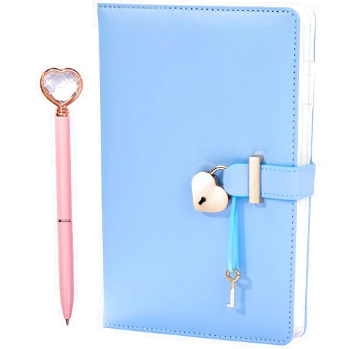 JEWPHX Heart Shaped Lock Diary with Key&Heart Diamond Pen,PU Leather Cover,A5,Journal Secret Notebook Gift for Women Girls (A5(8.5