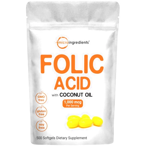 Micro Ingredients Folic Acid 1,000 mcg, 500 Coconut Oil Softgels (1mg) | Essential Prenatal Vitamins (Vitamin B9) | 1,667 mcg DFE | Third Party Tested, No Artificial Colors or Flavors | Non-GMO, Gluten Free