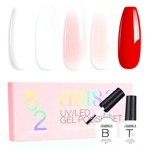 AILLSA Nude Pink Gel Nail Polish Set White Red Gel Nail Polish Milky Neutral Translucent Gel Polish with Base and Top Coat 5+2 Kit Bright Wedding Color Jelly Soak Off U V Manicure Salon DIY at Home