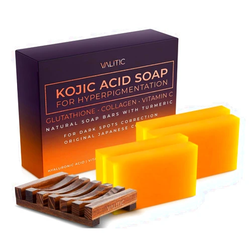 VALITIC Kojic Acid Soap for Hyperpigmentation - with Glutathione, Collagen & Vitamin C - Natural Soap Bars with Turmeric - Original Japanese Complex for Dark Spot Correction - 4 Pack + Holder