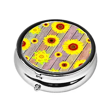 Generic Retro Colorful Wood Grain Sunflower Round Pill Box 3 Compartment Mini Decorative Pocket Purse Portable Travel Medicine Tablet Vitamin Holder Organizer Pill Case, 1.0 Count Color 7