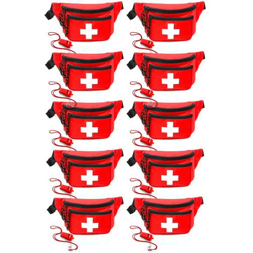 EMS XTRM Lifeguard Fanny Pack Red with Whistle Lanyard - Baywatch Style First Aid Hip Pack, Adjustable Strap, Cross Logo + Zipper Pouch, 10 Pack