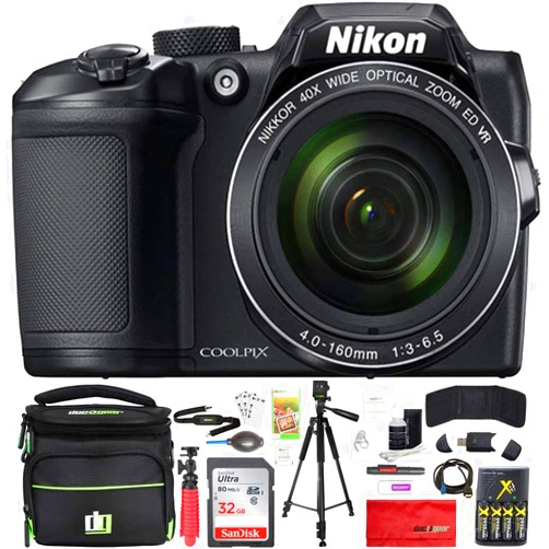 Nikon COOLPIX B500 16MP 40x Optical Zoom Digital Camera 32GB Bundle Includes Camera, Bag, 32GB Memory Card, Reader, Wallet, AA Batteries + Charger, HDMI Cable, Tripod, Beach Camera Cloth and More