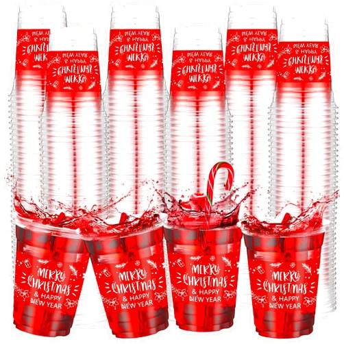 Nitial 200 Pcs12 oz Christmas Plastic Cups Bulk Merry Christmas Disposable Clear Cups Xmas Cups for Christmas Party Supply Beer Beverage Ice Cream Iced Coffee