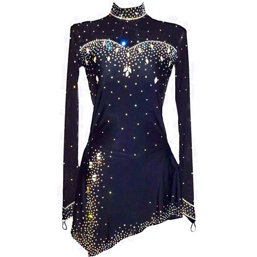 HGWBFB Figure Skating Dress Women Girl Crystal Competition Ice Skating Long Sleeves Handmade, 16Years,Black