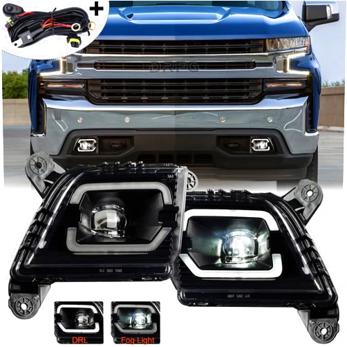 DRFG LED Fog Light with DRL Compatible for Chevy Silverado 2019 2020 2021 2022 Bumper Driving Lamp for Silverado 1500 Include H11 Relay Harness Wire Kit