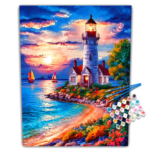 Camocin Paint by Numbers Kit for Adults Beginner, Lighthouse Acrylic Adult Paint by Number Kits on Canvas, Seaside Watercolor Oil Paint by Number for Adults, Perfect for Home Decor Gift 16